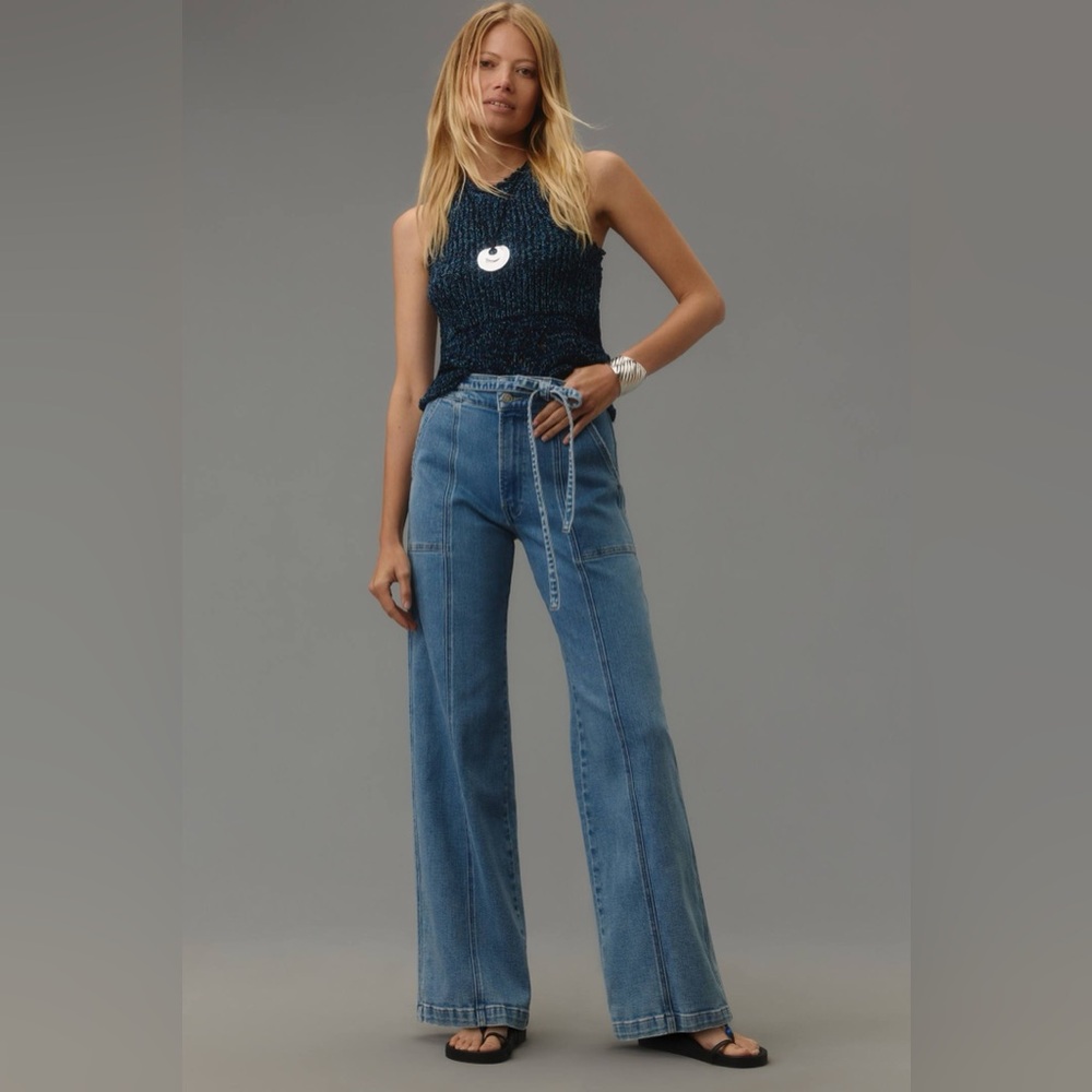 Hudson Tie-Waist High-Rise Wide-Leg Trouser Jeans. Size 4/27. color: blue - Picture 1 of 8